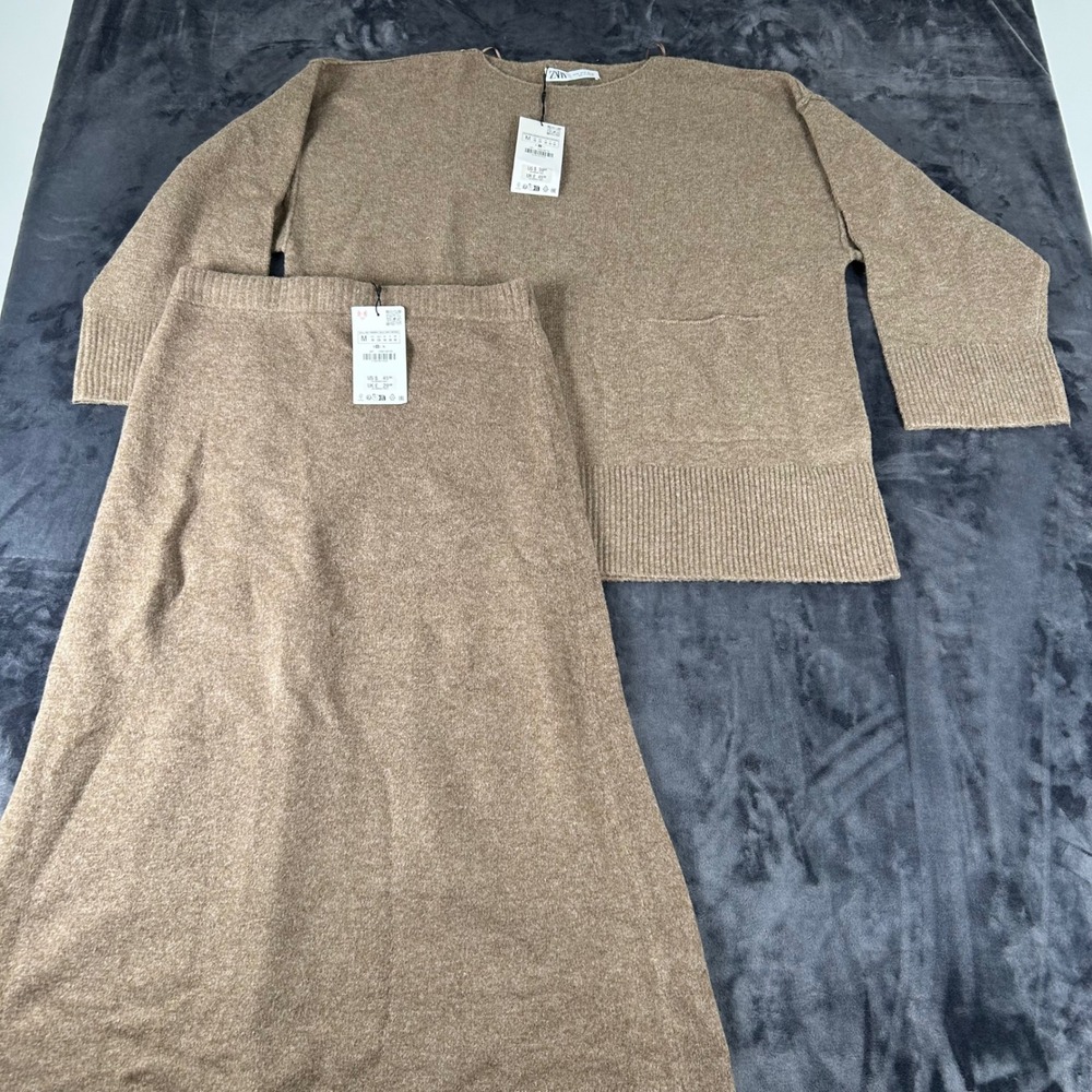 Zara Knit Sweater Midi Skirt Set Womens M Brown Wool Blend 2 Piece